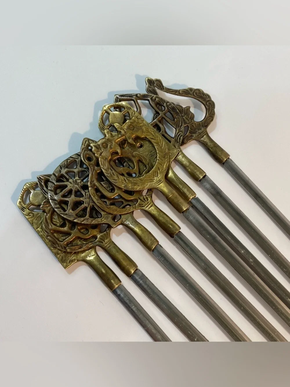 8 Vintage Sener Turkey Brass Stainless Steel Meat Skewers BBQ Grill Shish Kabobs